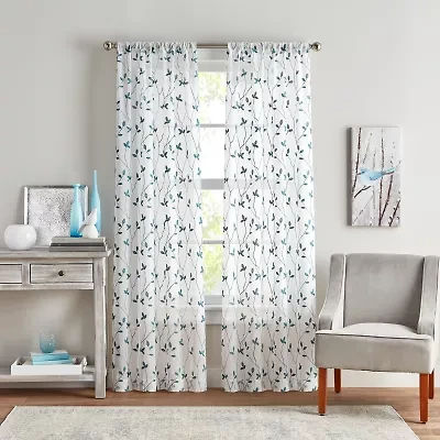 CHF Botanical Embroidery Rod Pocket Embroidered Sheer Set of 2 Curtain Panel