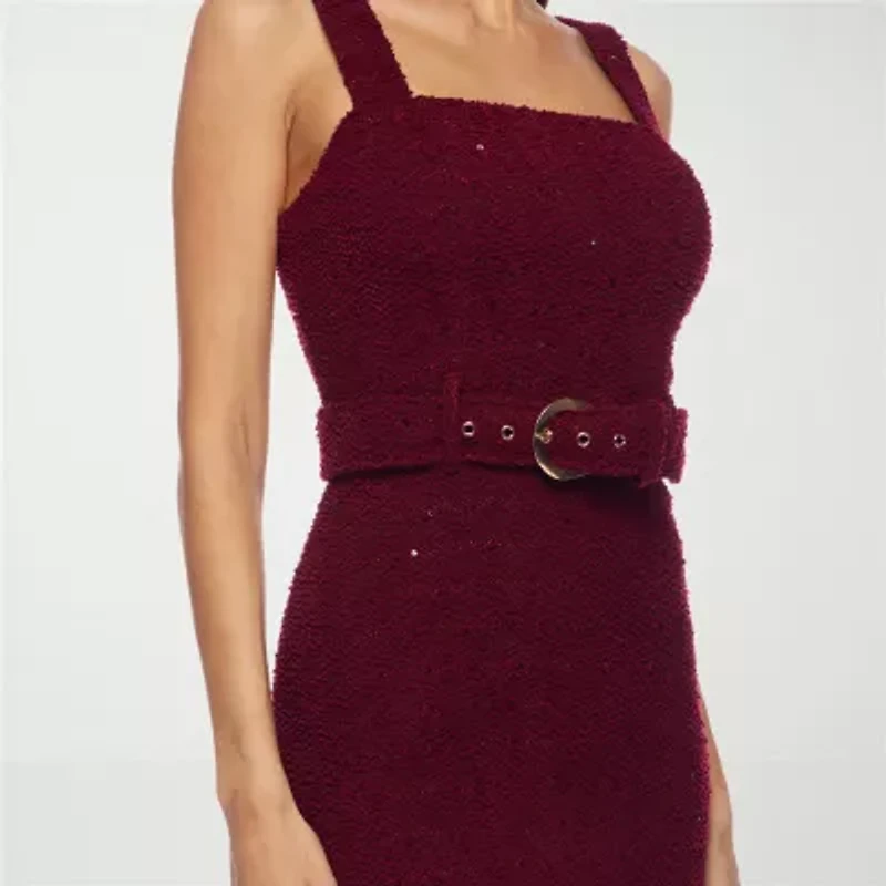Premier Amour Womens Belted Sequin Sleeveless Midi Sheath Dress