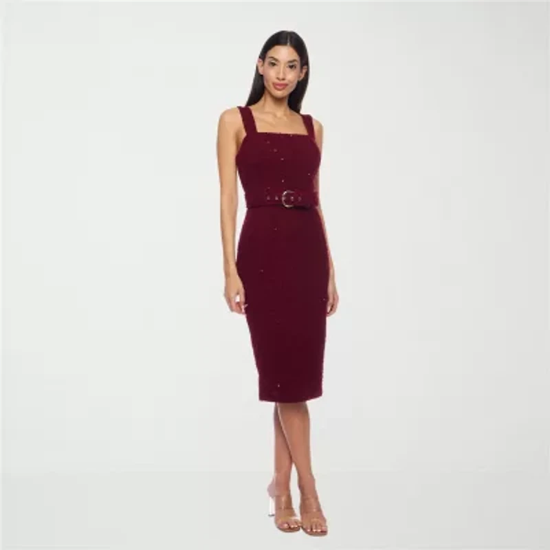 Premier Amour Womens Belted Sequin Sleeveless Midi Sheath Dress