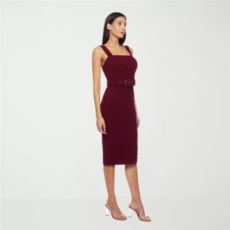 Premier Amour Womens Belted Sequin Sleeveless Midi Sheath Dress