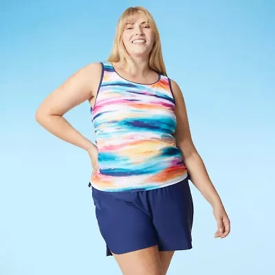 Free Country Womens Built Bra Shirred Stretch Fabric Striped Plus Tankini Swimsuit Top