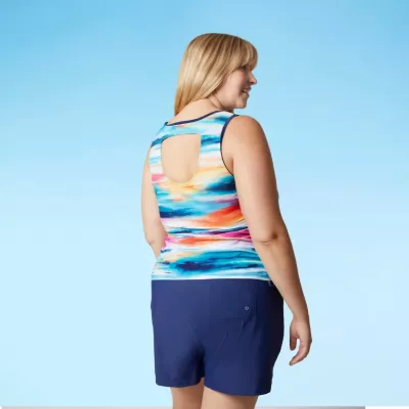 Free Country Womens Built Bra Shirred Stretch Fabric Striped Plus Tankini Swimsuit Top