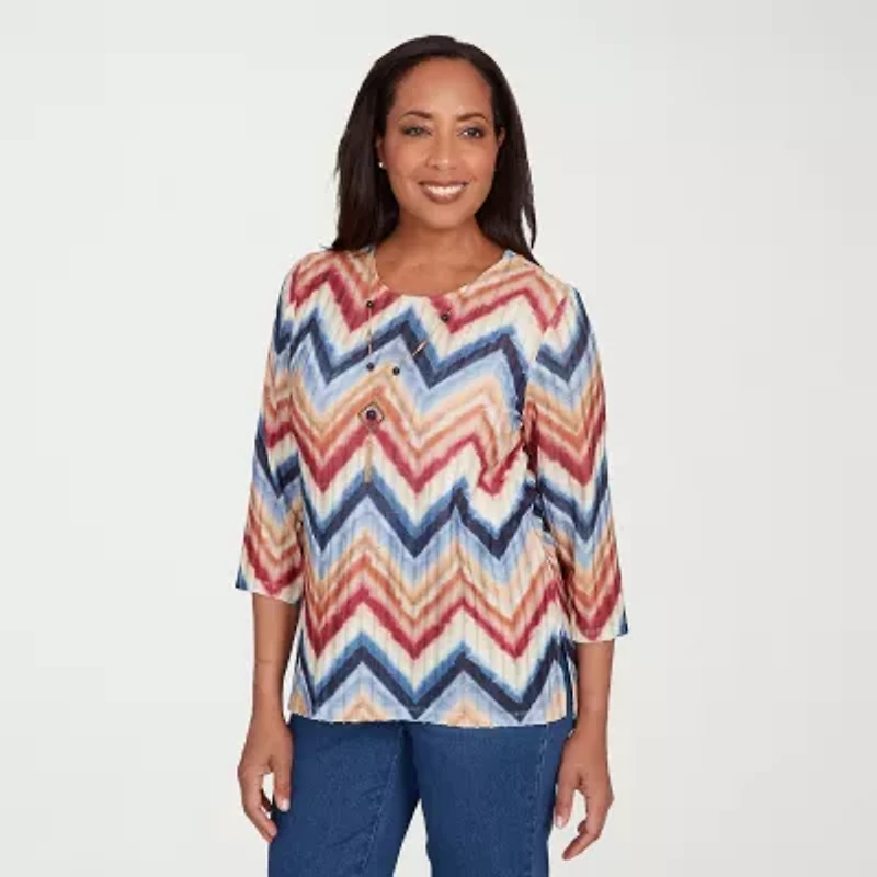 Alfred Dunner Sunset Canyon Womens Crew Neck 3/4 Sleeve T-Shirt