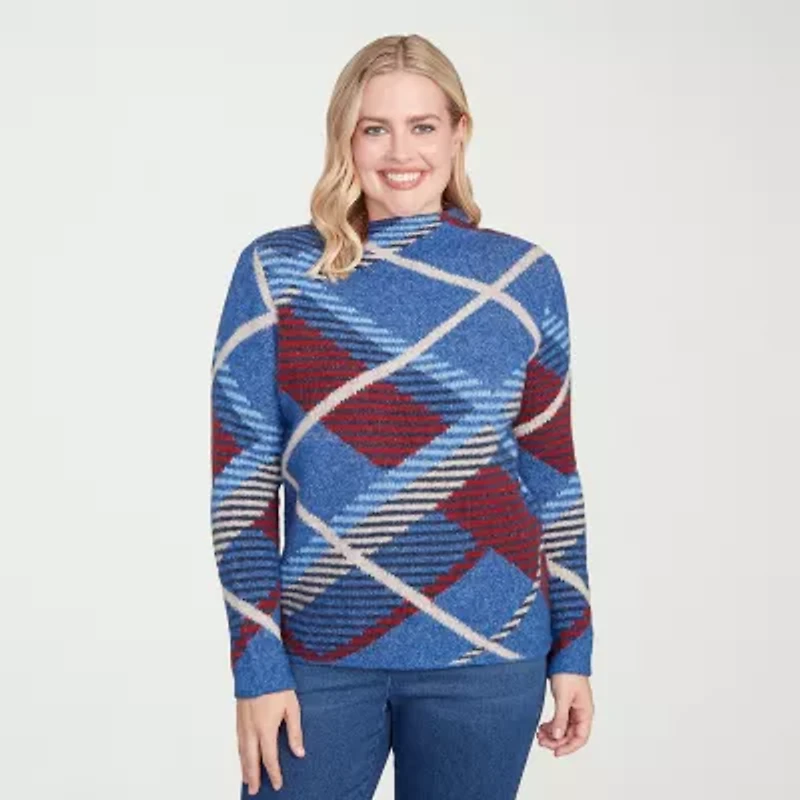 Alfred Dunner Sunset Canyon Womens Mock Neck Long Sleeve Plaid Pullover Sweater