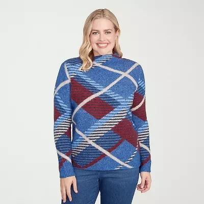 Alfred Dunner Sunset Canyon Womens Mock Neck Long Sleeve Plaid Pullover Sweater