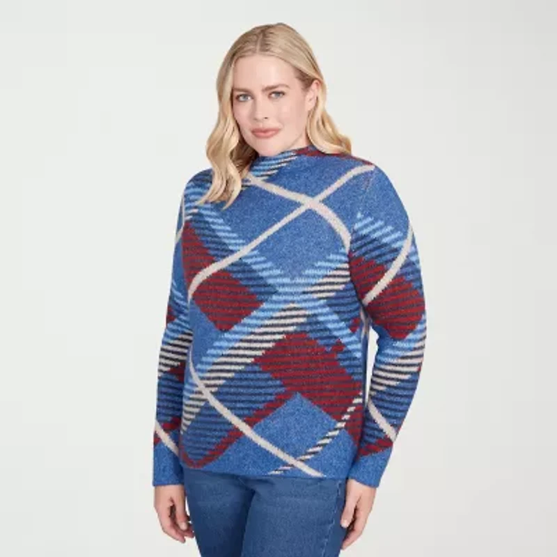 Alfred Dunner Sunset Canyon Womens Mock Neck Long Sleeve Plaid Pullover Sweater