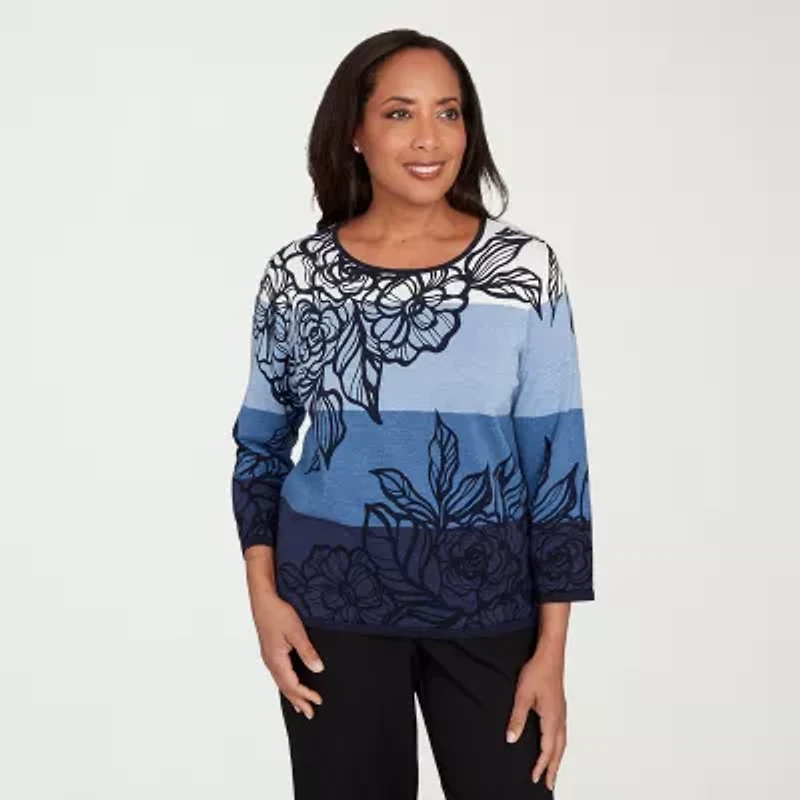 Alfred Dunner Sunset Canyon Womens Crew Neck 3/4 Sleeve Ombre Pullover Sweater