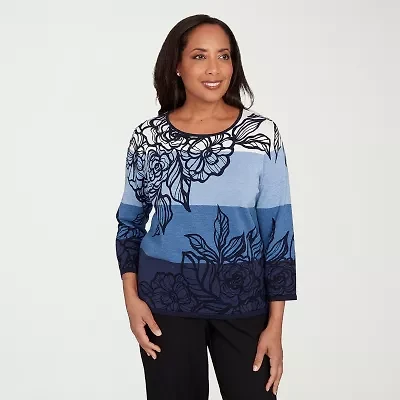 Alfred Dunner Sunset Canyon Womens Crew Neck 3/4 Sleeve Ombre Pullover Sweater