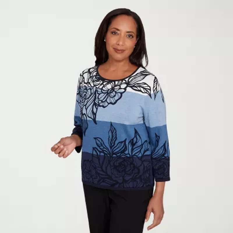 Alfred Dunner Sunset Canyon Womens Crew Neck 3/4 Sleeve Ombre Pullover Sweater