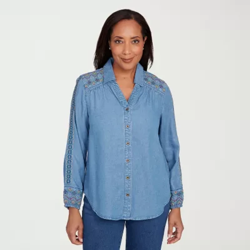 Alfred Dunner Sunset Canyon Womens Long Sleeve Embroidered Button-Down Shirt