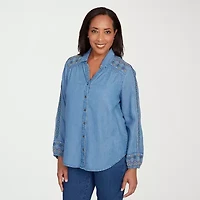 Alfred Dunner Sunset Canyon Womens Long Sleeve Embroidered Button-Down Shirt