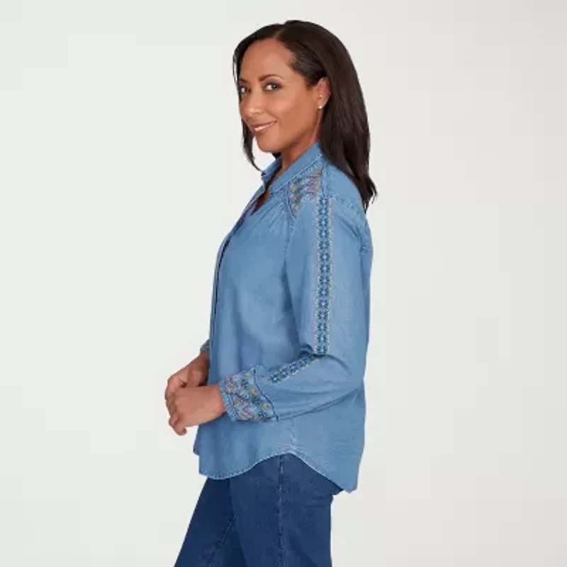 Alfred Dunner Sunset Canyon Womens Long Sleeve Embroidered Button-Down Shirt