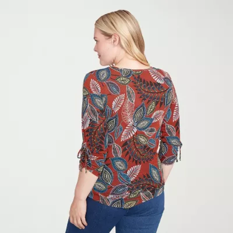 Alfred Dunner Sunset Canyon Womens V Neck 3/4 Sleeve T-Shirt