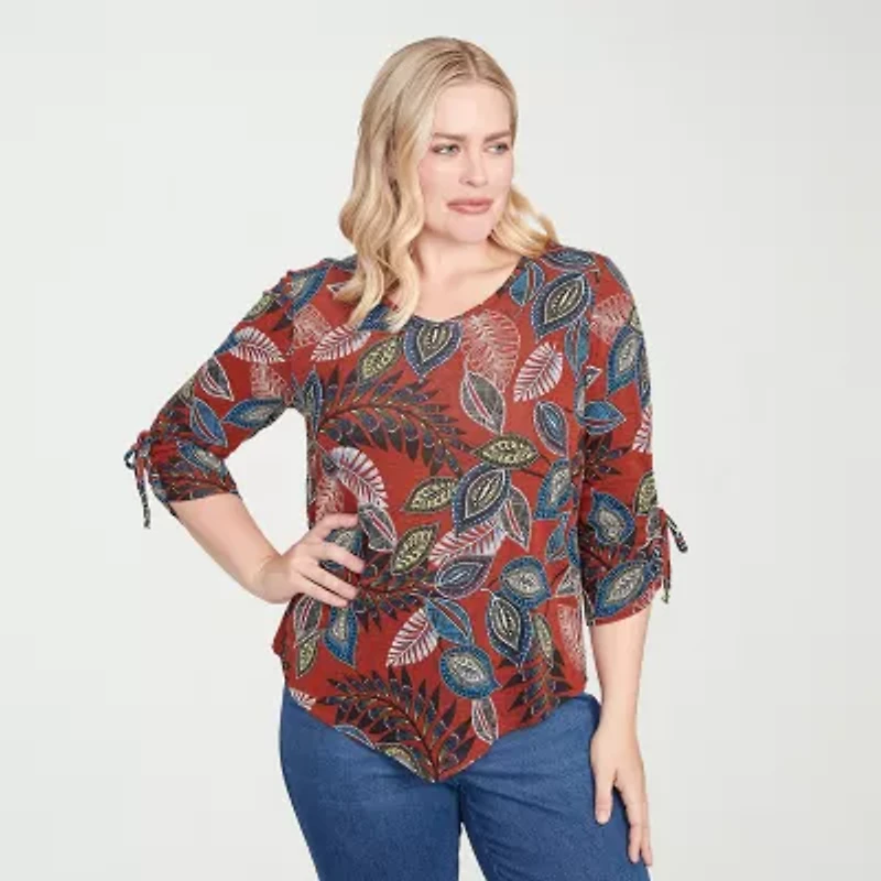 Alfred Dunner Sunset Canyon Womens V Neck 3/4 Sleeve T-Shirt