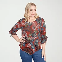 Alfred Dunner Sunset Canyon Womens V Neck 3/4 Sleeve T-Shirt