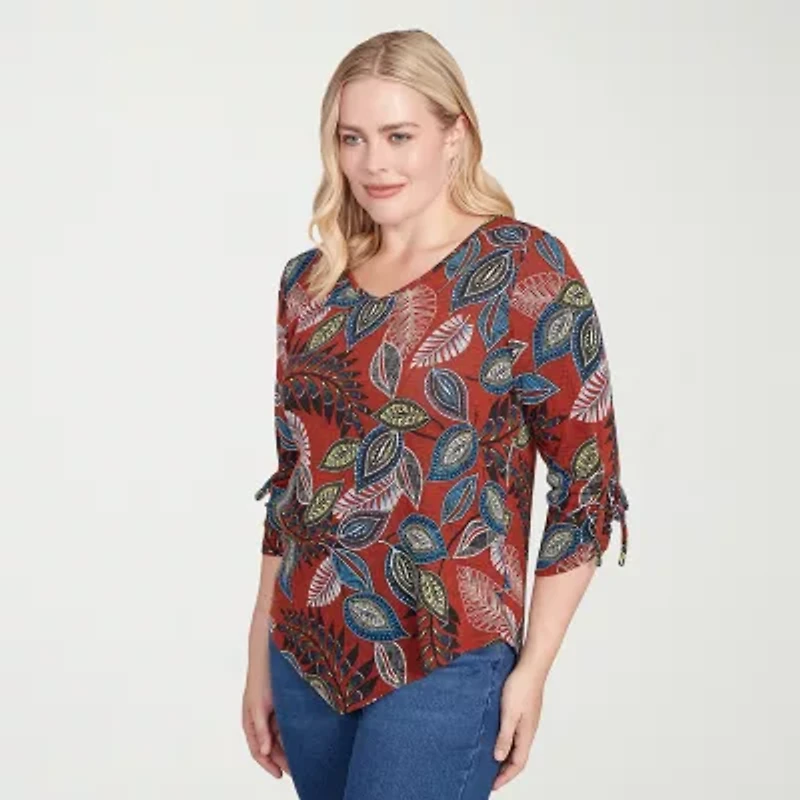 Alfred Dunner Sunset Canyon Womens V Neck 3/4 Sleeve T-Shirt