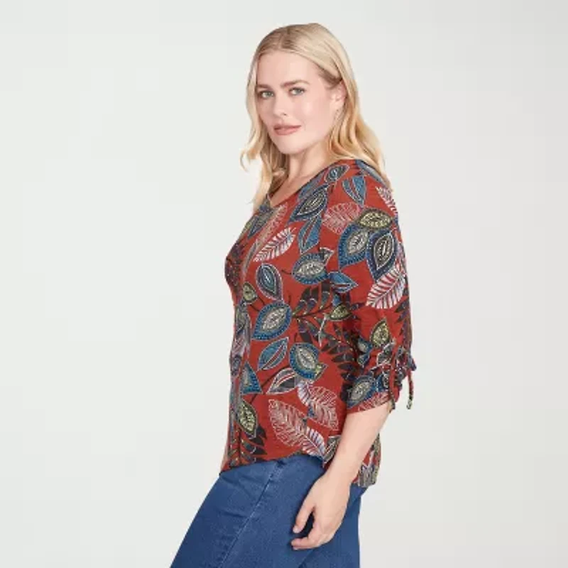Alfred Dunner Sunset Canyon Womens V Neck 3/4 Sleeve T-Shirt