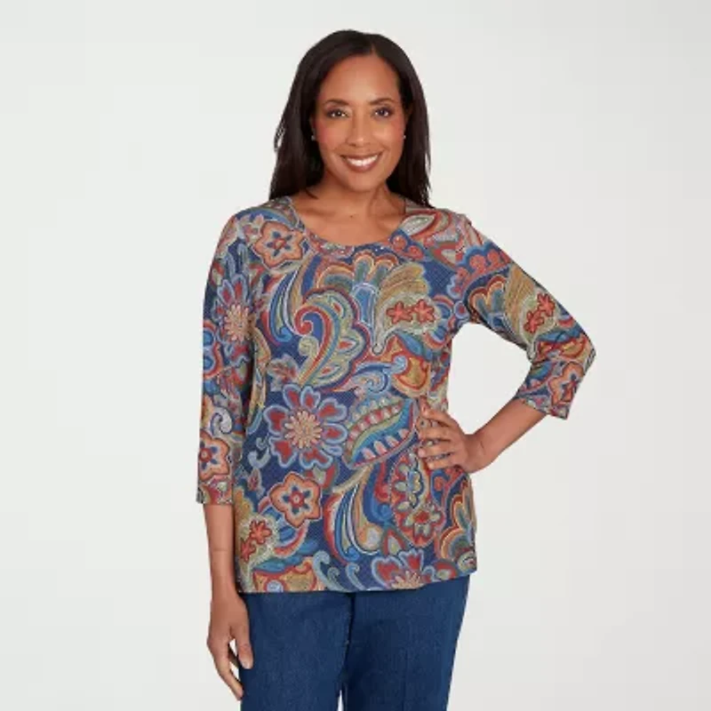 Alfred Dunner Sunset Canyon Womens Crew Neck 3/4 Sleeve T-Shirt