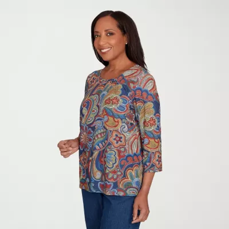 Alfred Dunner Sunset Canyon Womens Crew Neck 3/4 Sleeve T-Shirt