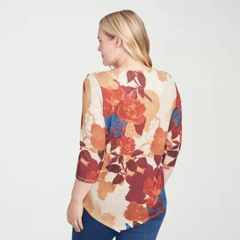 Alfred Dunner Sunset Canyon Womens Crew Neck 3/4 Sleeve T-Shirt