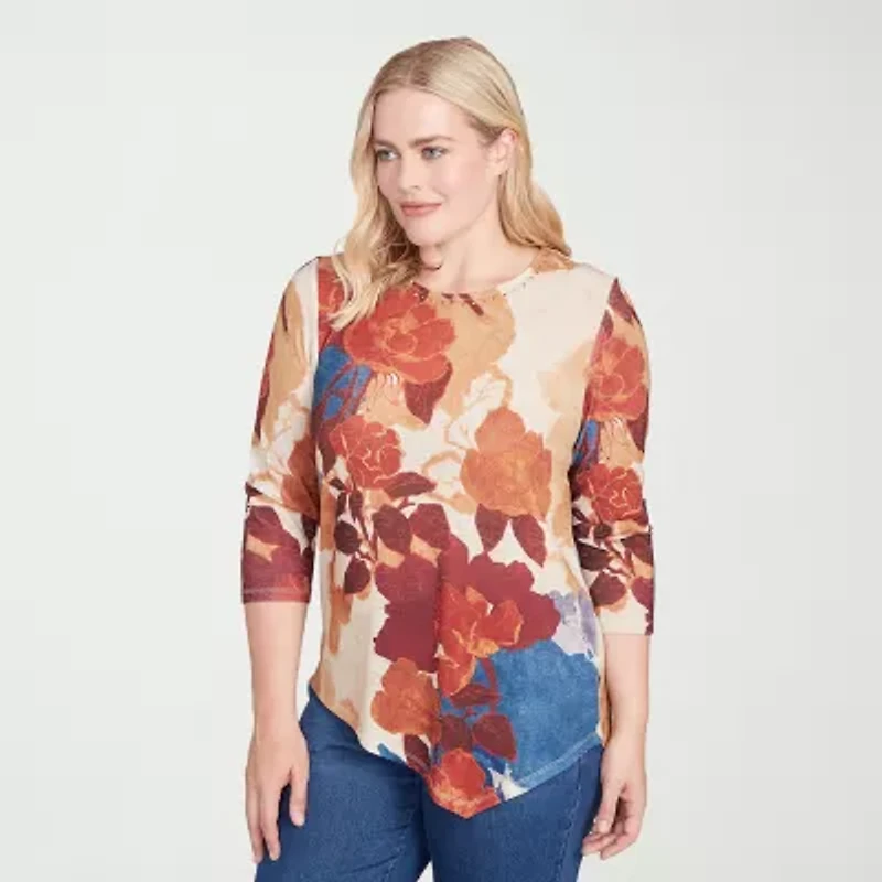Alfred Dunner Sunset Canyon Womens Crew Neck 3/4 Sleeve T-Shirt