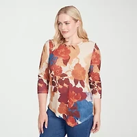 Alfred Dunner Sunset Canyon Womens Crew Neck 3/4 Sleeve T-Shirt