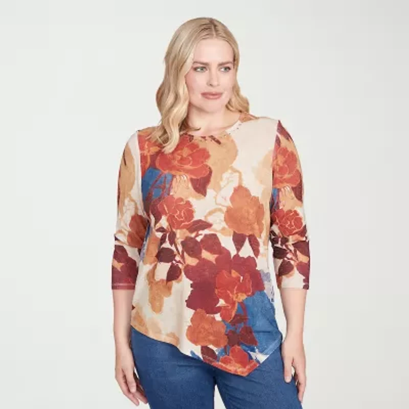 Alfred Dunner Sunset Canyon Womens Crew Neck 3/4 Sleeve T-Shirt
