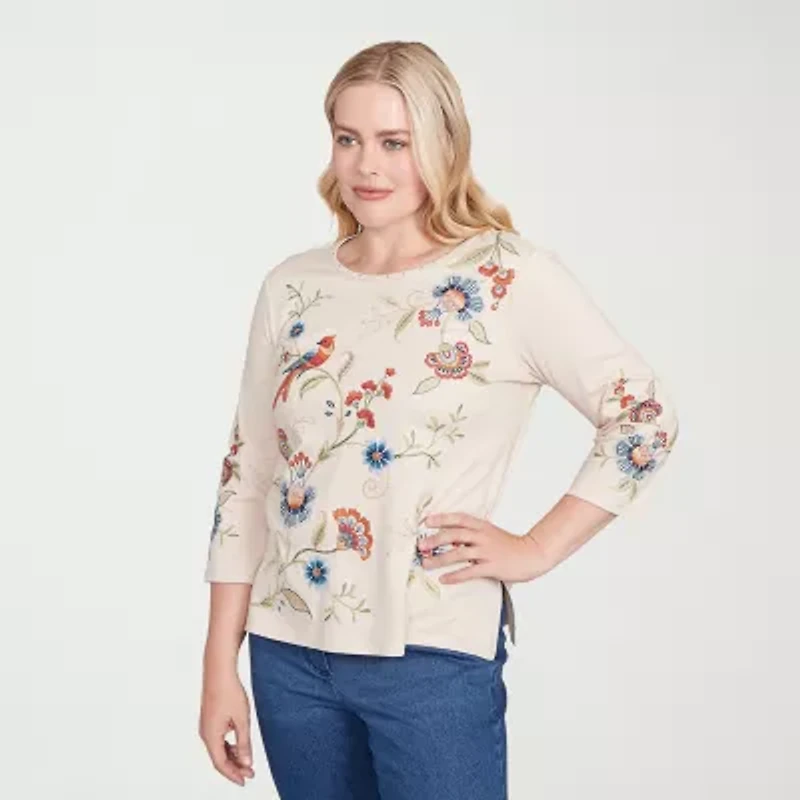 Alfred Dunner Sunset Canyon Womens Crew Neck 3/4 Sleeve T-Shirt