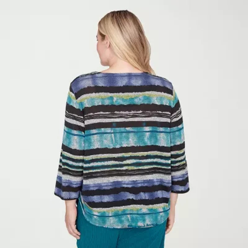 Alfred Dunner Lake Champlain Womens Crew Neck 3/4 Sleeve T-Shirt