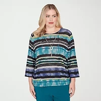 Alfred Dunner Lake Champlain Womens Crew Neck 3/4 Sleeve T-Shirt