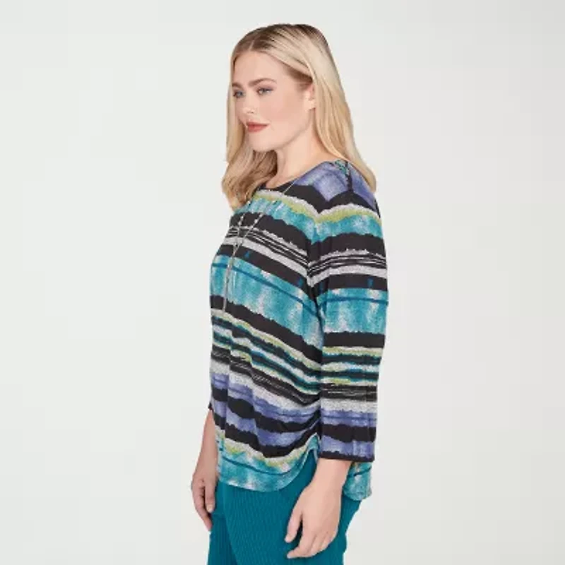 Alfred Dunner Lake Champlain Womens Crew Neck 3/4 Sleeve T-Shirt