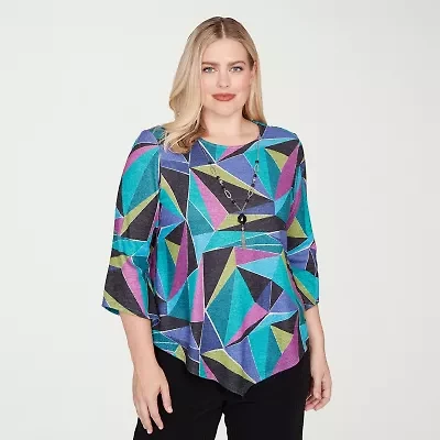 Alfred Dunner Lake Champlain Womens Crew Neck 3/4 Sleeve T-Shirt