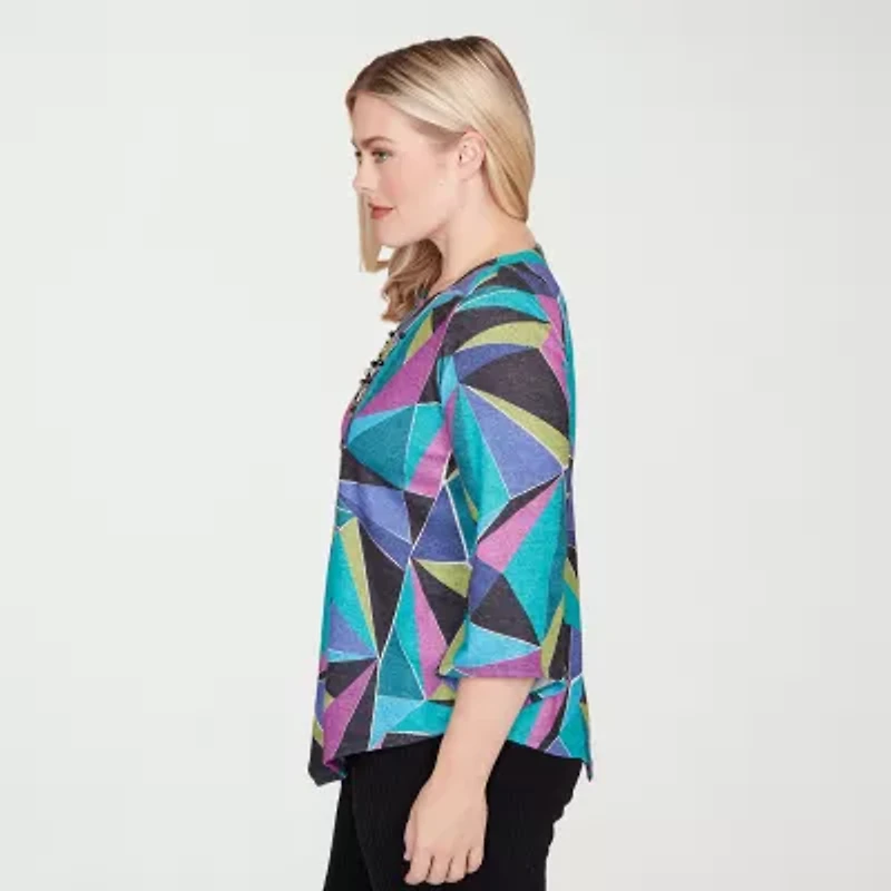 Alfred Dunner Lake Champlain Womens Crew Neck 3/4 Sleeve T-Shirt