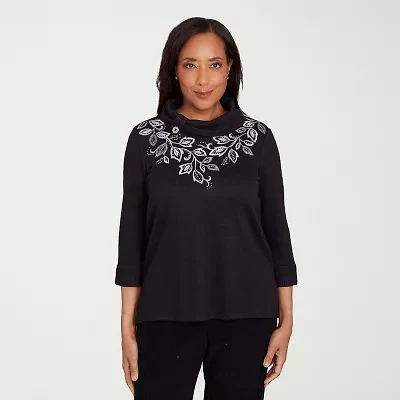 Alfred Dunner Lake Champlain Womens Mock Neck 3/4 Sleeve T-Shirt