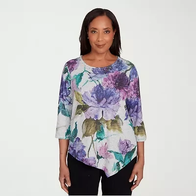 Alfred Dunner Lake Champlain Womens Crew Neck 3/4 Sleeve T-Shirt