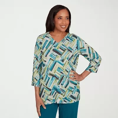 Alfred Dunner Lake Champlain Womens V Neck 3/4 Sleeve T-Shirt
