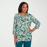 Alfred Dunner Lake Champlain Womens V Neck 3/4 Sleeve T-Shirt