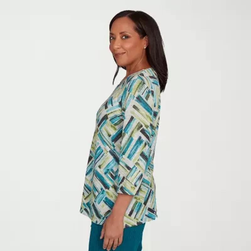 Alfred Dunner Lake Champlain Womens V Neck 3/4 Sleeve T-Shirt