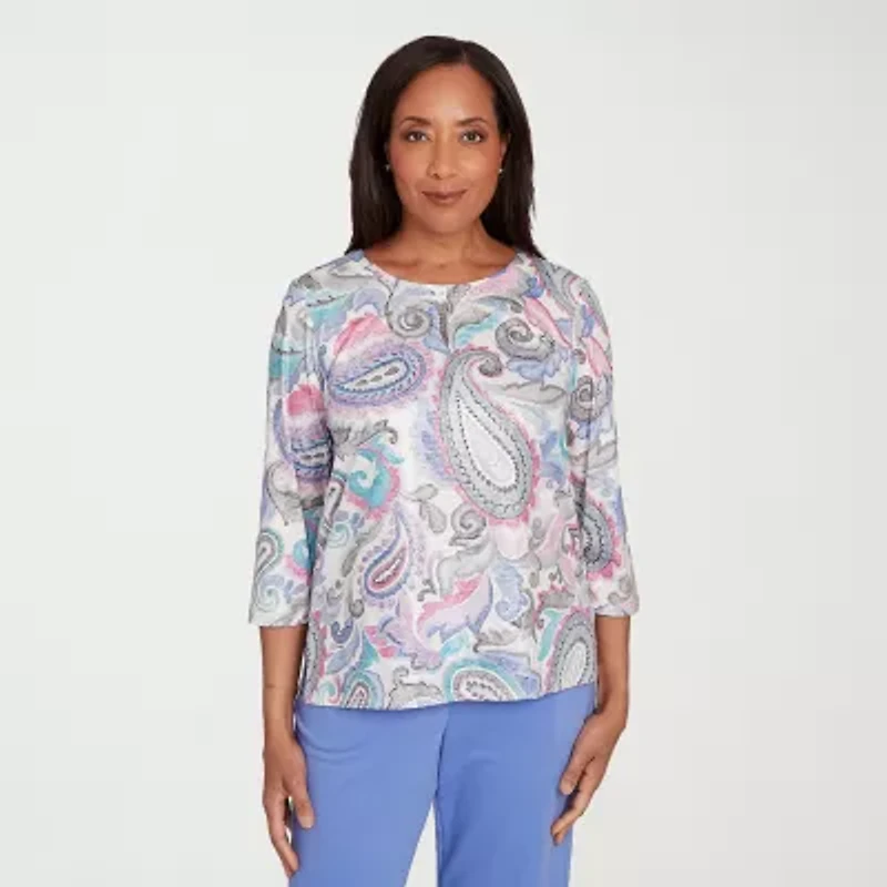 Alfred Dunner Casual Vibe Womens Crew Neck 3/4 Sleeve T-Shirt