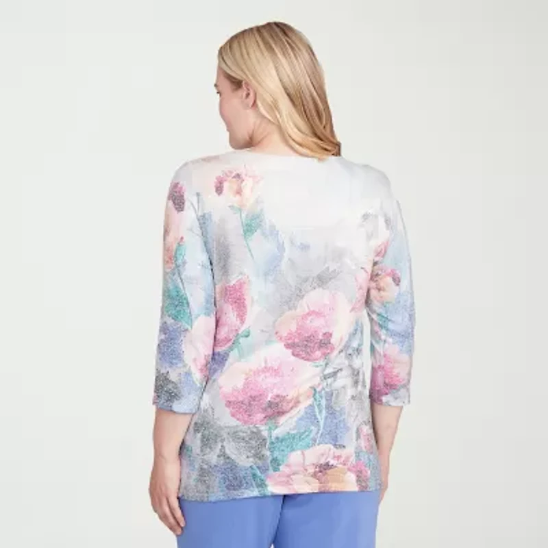 Alfred Dunner Casual Vibe Womens Split Crew Neck 3/4 Sleeve T-Shirt
