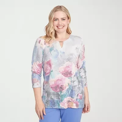 Alfred Dunner Casual Vibe Womens Split Crew Neck 3/4 Sleeve T-Shirt