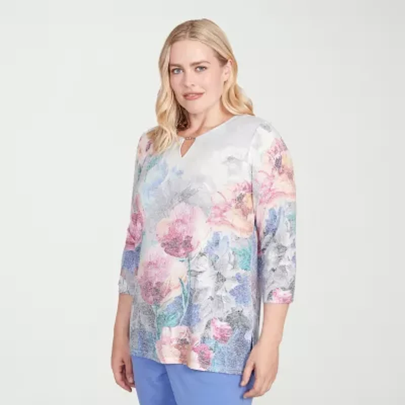 Alfred Dunner Casual Vibe Womens Split Crew Neck 3/4 Sleeve T-Shirt