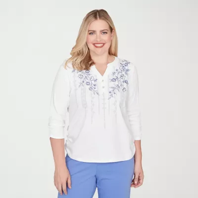 Alfred Dunner Casual Vibe Womens Split Crew Neck 3/4 Sleeve T-Shirt