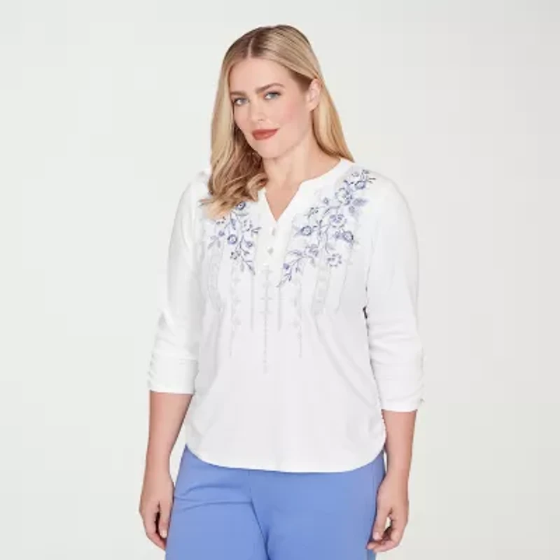 Alfred Dunner Casual Vibe Womens Split Crew Neck 3/4 Sleeve T-Shirt