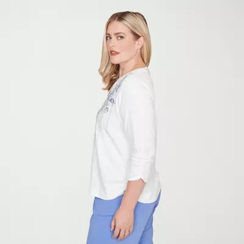 Alfred Dunner Casual Vibe Womens Split Crew Neck 3/4 Sleeve T-Shirt