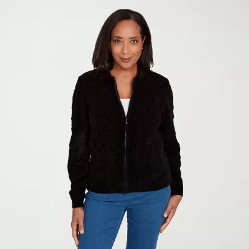 Alfred Dunner Classics Womens Long Sleeve Zipper Cable Knit Cardigan