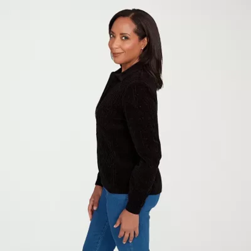 Alfred Dunner Classics Womens Long Sleeve Zipper Cable Knit Cardigan