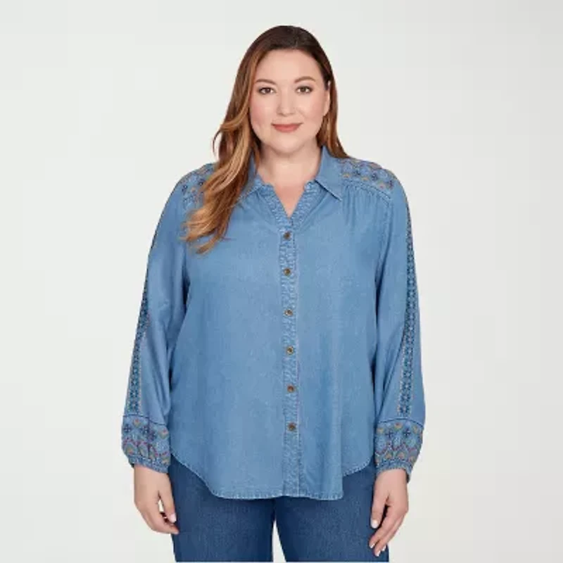 Alfred Dunner Sunset Canyon Womens 3/4 Sleeve Embroidered Plus Button-Down Shirt