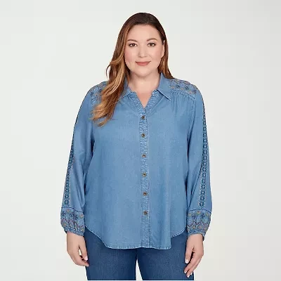 Alfred Dunner Sunset Canyon Womens 3/4 Sleeve Embroidered Plus Button-Down Shirt