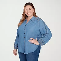 Alfred Dunner Sunset Canyon Womens 3/4 Sleeve Embroidered Plus Button-Down Shirt